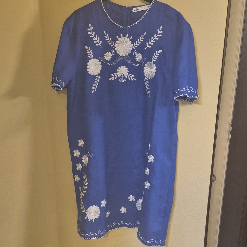 Zara Blue Midi Dress with White Floral Embroidery